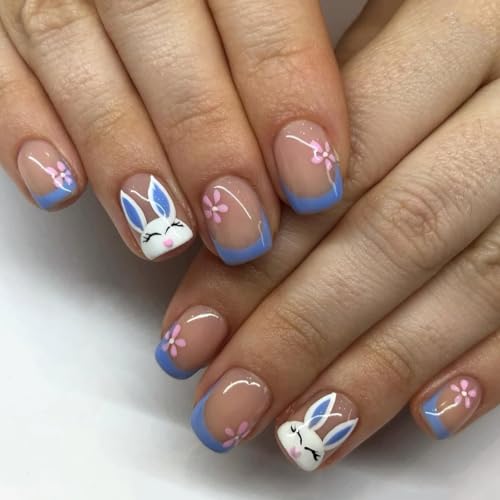 yefiuo Flower Press on Nails Short Square Blue French Fake Nails Press ons Acrylic False Nails Glue on Nails Glossy Nail Tip Kit Full Cover Stick on Nails with Rabbit Floral Design for Women 24Pcs