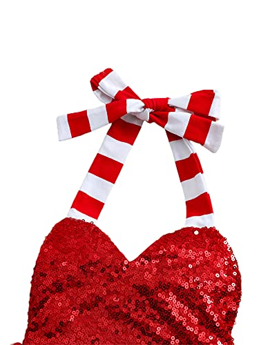 Baby Girls Christmas Romper with Yarn Skirt Hem, Red Stripe One Piece Printed Pattern Halter Neck Outfit, Red, 0-3 Months - Afbeelding 3