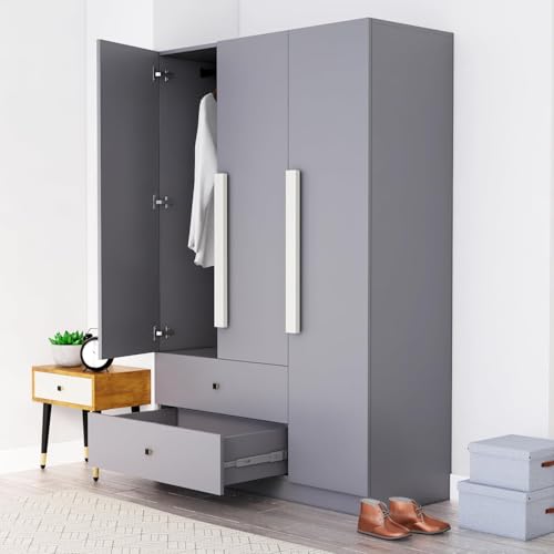 Image of Bniture Wooden Almirah for Clothes, Door for Bedroom, 3 Door Wardrobe with 2 Drawer & Hanging Space (40D x 120W x 180H CM) | 3 Year Warranty (Giant Wood & Slate Grey)