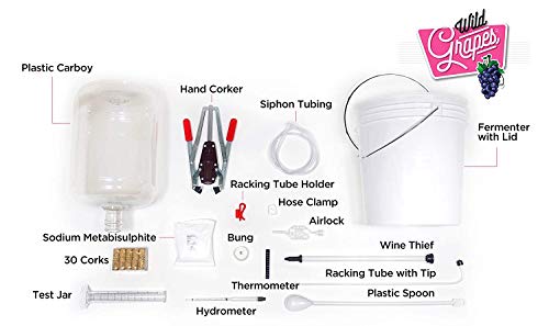 wild grapes premium wine equipment starter kit - wine making supplies - all-in-one wine kit for crafting wine at home 6 gallon fermenter makes up to 30 bottles