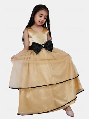 Image of Baby Girls Gold Satin Round Nack Fit and Flare Long Maxi Dress (WLT-059 4-5Years Kidswear)