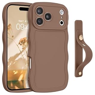 GUAGUA for iPhone 17 Pro Max Case with Wrist Strap, Wavy Edge Phone Case Cute Curly Shape with Adjustable Wristband Kickstand Shockproof Anti Slip Phone Case for iPhone 17 Pro Max 6.9'', Brown