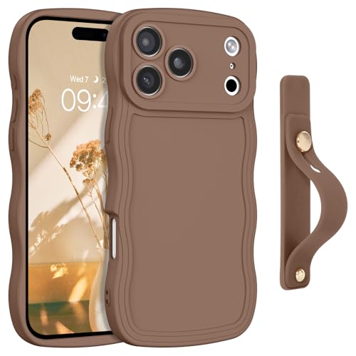 GUAGUA for iPhone 17 Pro Max Case with Wrist Strap, Wavy Edge Phone Case Cute Curly Shape with Adjustable Wristband Kickstand Shockproof Anti Slip Phone Case for iPhone 17 Pro Max 6.9'', Brown