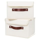 ANMINY 2PCS Storage Bins with Lid PU Leather Handles Storage Boxes PP Plastic Board Decorative Foldable Lidded Cotton Linen Fabric Home Cubes...