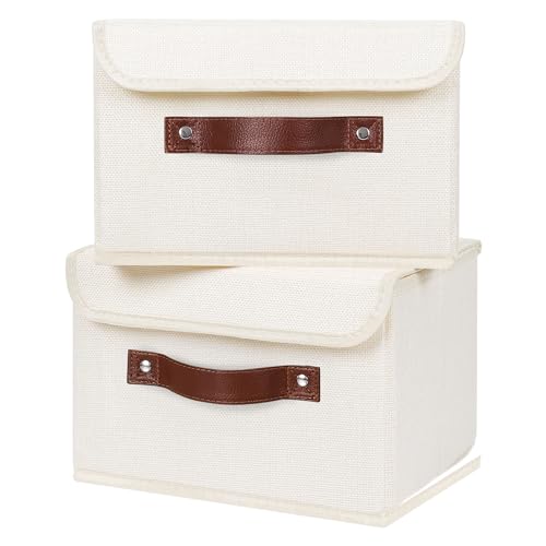ANMINY 2PCS Storage Bins with Lid PU Leather Handles Storage Boxes PP Plastic Board Decorative Foldable Lidded Cotton Linen Fabric Home Cubes Baskets Closet Organizer Containers - Beige, Small Size