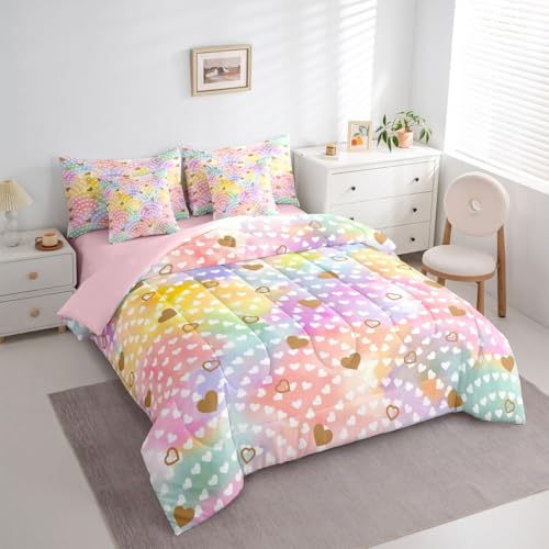 Image of Erosebridal Rainbow Hearts 7 Piece Bed in A Bag Twin Comforter Set Gold Heart Bedding Set for Girls Kids Valentine Love Geometric Sheet Set with Comforter Love Heart Quilt Duvet