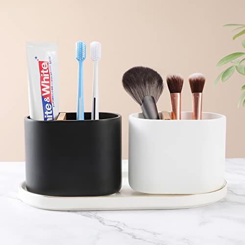 Rejomiik Thick Resin Toothbrush Holders Bamboo Tooth Brushing Holder For Bathroom Countertop, Tooth Brush Storage Organizer Stand For Holds Toiletries And Beauty Accessories, Toothpaste, Razor, Black #TOP5