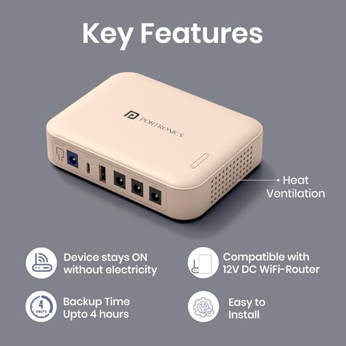 Image of Portronics Kinectic 8K Mini UPS for WiFi Router Broadband Modem 12V Router UPS up to 2A, 5 Hours Playback, 2 x 4000mAh Battery, Type C /USB-A /DC Pin Output Ports, UPS Power Backup During Power Cuts
