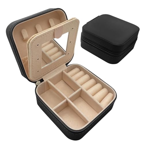 igadgitz Home U7285 Mini Joyero Portátil de Viaje con Espejo - Organizador Pequeño para Joyas, Caja con Espejo - Negro