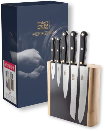 Professional Magnetic Block Knife Set - Full Tang, Triple Brass Rivet, High Carbon Steel. UK Made Chef’s Knife, Carving Knife, Bread Knife, Small Cooks Knife, Vegetable Knife. Solid Wood Holder.