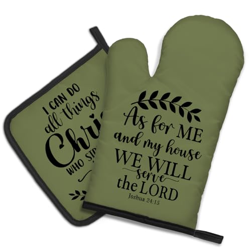 DYJYBMY As for Me and My House We Will Serve The Lord Funny Oven Mitts and Pot Holder Set, Bible Verse Kitchen Gadgets for Women, Christian Housewarming Gifts, Religion Gifts for Mom Aunt Sister BFF