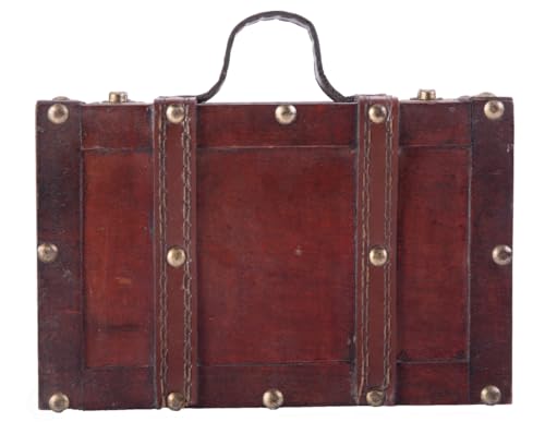 Antique Style Wooden Suitcase with Leather Straps & Handle - Small Multicoloured