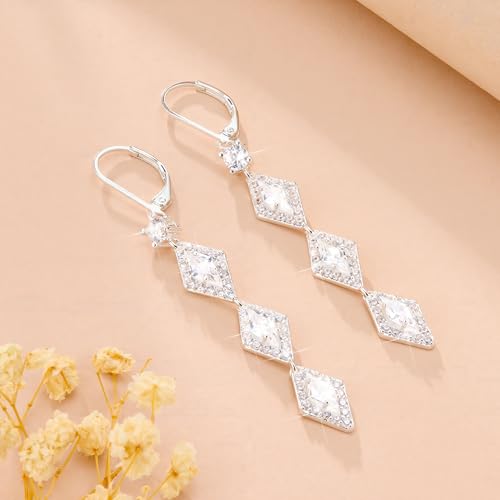 ALEXCRAFT Long Drop Earrings for Women, 925 Sterling Silver Sparkling Cubic Zirconia Dangle Leverback Earring for Women Trendy Elegant Long Silver Dangling Chandelier Earrings Bride Wedding Jewelry by ALEXCRAFT - Image 6