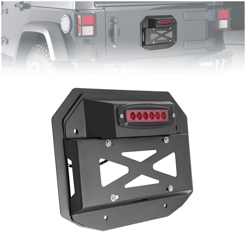 KUAFU Spare Tire Delete License Plate Bracket Compatible with 2007-2018 Jeep Wrangler JK & Unlimited Rear License Plate Holder Relocation Kit w/Third Brake Light & 2X Plate Illuminate Light (Red Lens)