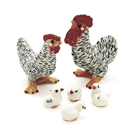 1.5" Plymouth Rock Chicken Family Miniature Ceramic Figurine Hen Cub Rooster Set 6 pcs Porcelain Figure Farm Animals White Clay Statue Collectible Decor Cover
