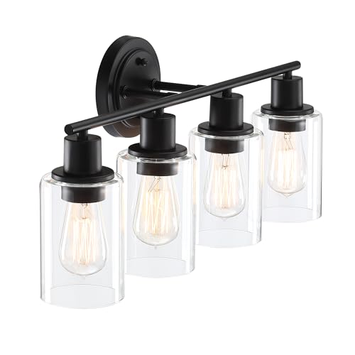 Image of 4-Light Bathroom Light Fixture Over Mirror Black 4-Light Vanity Light Fixture for Bathroom Vanity Black Wall Sconce Over Sink