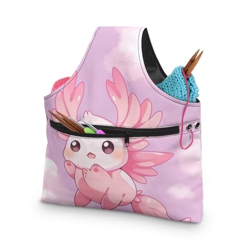 Image of Axolotl Yarn Bags for Crocheting Portable Knitting Bag Pink Yarn Storage Organzier Holding Knitting Needles,Large