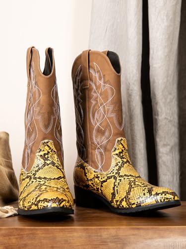 Image of Python Manning Men's Boots Cowboy for Men Classic Pointed Toe Western Pull Up Snakeskin Embroidered Mid-Calf Boots