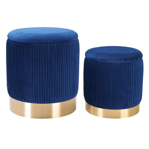 2BYF Blue Round Ottoman with Storage Set of 2 Upholstered Velvet Vanity Stool for Living Room Storage Ottomans Multifunctional Foot Rest