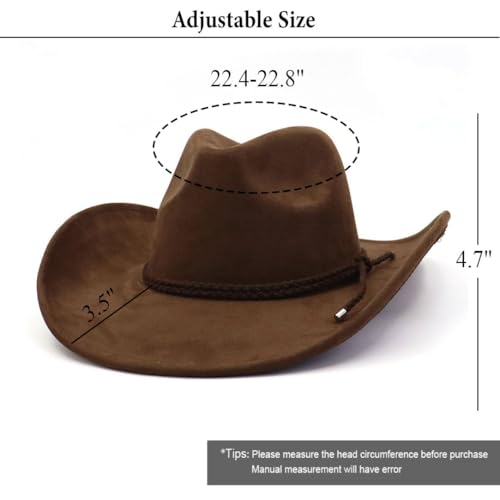 Image of Western Cowboy Hat for Women Men Wide Brim Cowboy Hat for Women with Woven Buckle Belt Suede Classic Fedora Hats