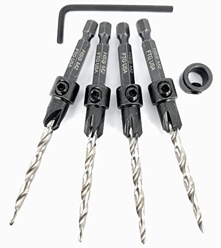 Image of FTG USA #10(3 /16 inch) Wood Countersink Drill Bit 4-Pc Set with 3 /8 inch Depth Stop | Convenient 4-pack of identical tapered bits for woodworking. Includes an adjustable 3 /8 inch depth stop collar