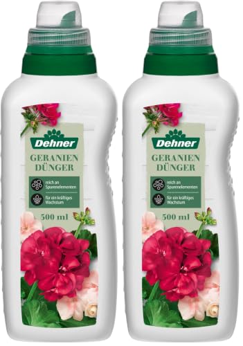 Dehner Geraniendünger, hochwertiger Flüssigdünger, Dünger für Geranien, organischer NPK-Dünger, mit Spurennährstoffen, 500 ml, für ca. 50 l, bunt (Packung mit 2)