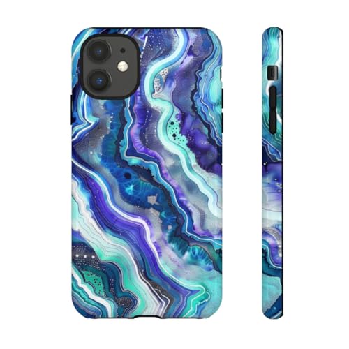 Coque rigide iPhone 11 motif géode tourbillon bleu sarcelle brillant protection