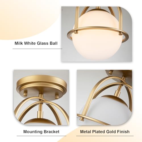 Image of Gold Semi Flush Mount Ceiling Light 8.7 inch Milk Glass Globe Ceiling Light Fixture Mid Century Modern Small Chandelier for Hallway Kitchen Bedroom or Schoolhouse Light Fixture