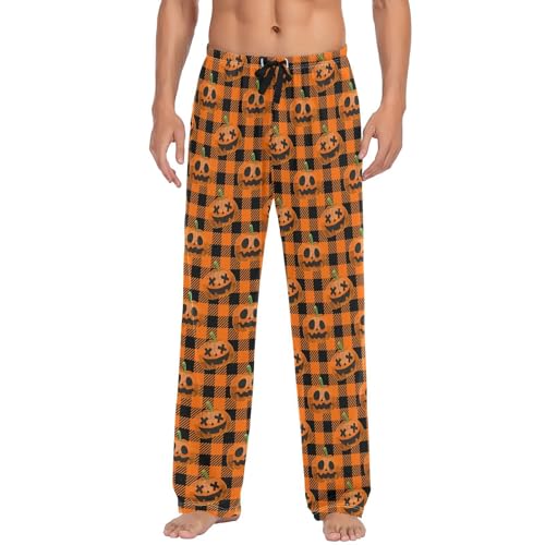 Men's Pajama Pants,Halloween Pumpkin Buffalo Plaid Lounge Lightweight Sleep Bottoms Pants with Pockets Size S-XXL