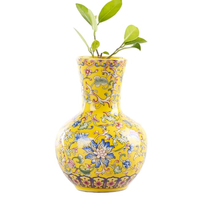 Jarrón pequeño de cerámica de 5 pulgadas para flor, elegante jarrón hecho a mano, elegante jarrón de porcelana con pintura china vintage para decoración del hogar y oficina, color amarillo