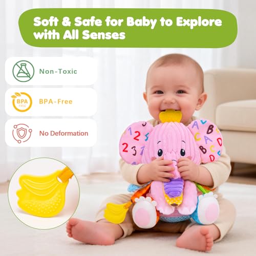 Image of Baby Girl Toys 0-6 6-12 Months, Sensory Musical Toddler Toy for 3 4 5 6 7 8 9+ Months, Pink Elephant Plush Infant Toy with Teether, Crinkle, Rattle Baby Mirror for Tummy Time Newborn