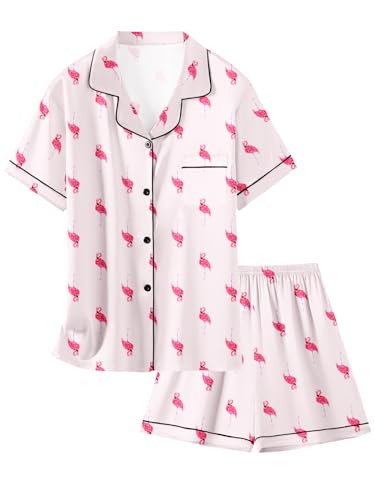 Image of Schbbbta Girls Womens Pajamas, Satin Silky Pjs Set Kids 2Pcs Button-Down Nightwear Sleepwear Gift for Mommy and me