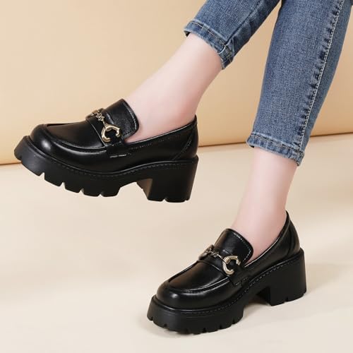 Image of Chunky Loafers Women Shoes Platform Loafers Womens Loafer Heel | Comfortable Penny Lightweight Metal Buckle Work Office Dress Business Casual Formal Ladies Women's Slip-Ons
