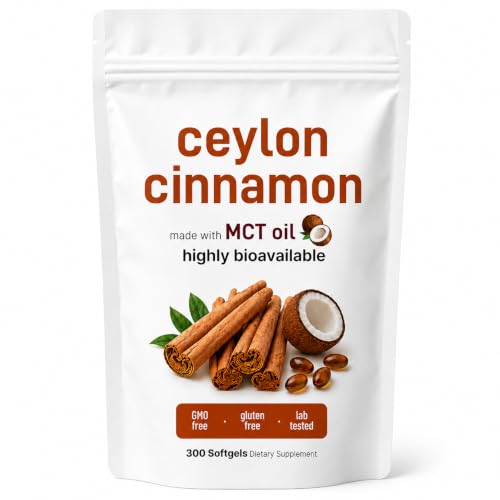 Ceylon Cinnamon Capsules with MCT Oil 300 Softgels Cinnamomum Verum Extract 600mg Per Daily Serving High Absorption Softgels Non GMO & Gluten Free Cinnamon Food Supplement 100 Day Supply