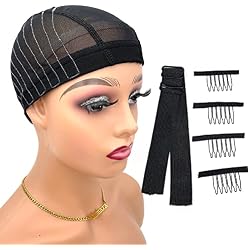 Wig Cap with Guideline Map for Wig Making, Stretchable Mesh Dome Caps with 1 Elastic Band and 4 Wig Combs for Beginners Sewing Wig Large 23"-24", 4 * 4 Closure