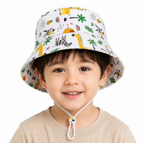 Image of VRITRAZ Unisex Kids Printed Bucket Hat | UV Protection Sun Hat with Adjustable Chin Strap & Summer Beach Travel Outdoor Cap for Toddlers & Children (4-12 Years)