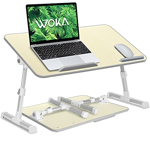 WOKA Adjustable Lap Desk for Bed Foldable Large Tabletop Computer Tray with Legs, Height and Tilt Angle Adjustable Laptop Table for Sofa, Bed Desk with Removeable Stopper and Soft Wrist Rest