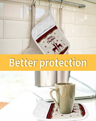 Christmas Reindeer Pot Holders With Pocket For Kitchen, Heat-Resistant Potholders Set Of 2, Hot Pads Oven Mitts With Hanging Loops For Home Cooking Baking Microwave, Merry Xmas Plaid #TOP6