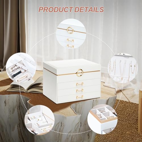 V-Lafuylife Jewelry Box For Women,4-Layer Leather Jewelry Holder Organizer With 3 Drawers Large Jewelry Storage Boxes thumb #6