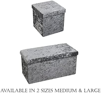 HomeHarmony® Crushed Velvet Quilted Top Folding Storage Ottoman Seat, Stool, Toy Storage Box (Large Silver)