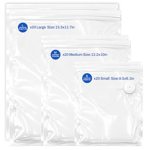 Image of RAIN SPIRIT Reusable Vacuum Sealer Bags for Food, 60 Packs (20L&20M&20S) BPA-Free Food Storage Bags, Leakproof Sous Vide Bags for Freezer, Microwave, Dishwasher Safe, Preserve Freshness for Meal Prep