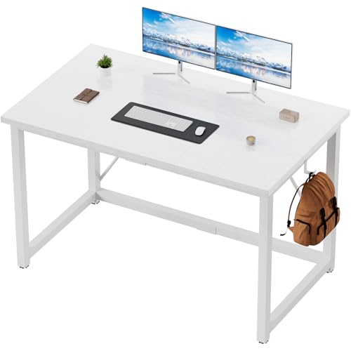 Devoko Schreibtisch 120x60x75 cm | Kleiner Computertisch mit verstellbaren Füßen & Haken | 60 kg Tragkraft, wasserfest | Für helles Homeoffice & Studio | Weiß