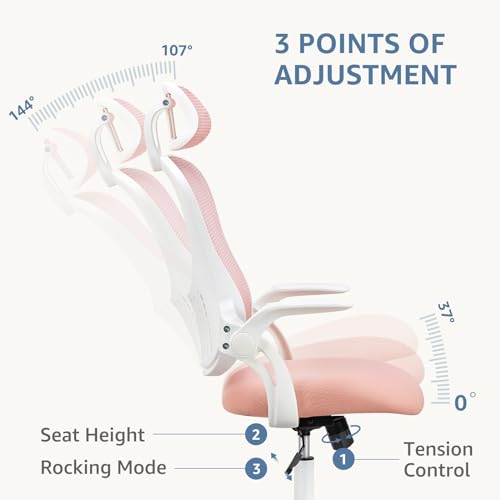 Image of DUMOS Ergonomic Office Chair - High Back Mesh Computer Chair with Lumbar Support, Headrest, Flip-up Arms, and Swivel Wheels - Comfortable Gaming & Desk Chair for Home Bedroom Office,Pink
