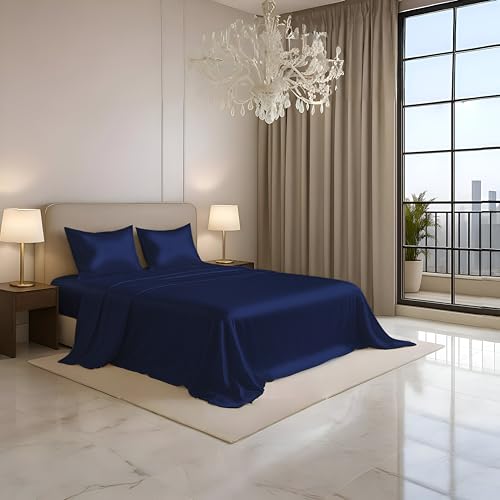 Image of Luxe Ere Satin Bedsheet Single Size (60x90) | 300 TC Ultra Smooth Silky Soft Luxury Satin Bed Sheet with 2 Pillow Covers | Premium Satin Bedsheets for Single Bed - Imperial Indigo