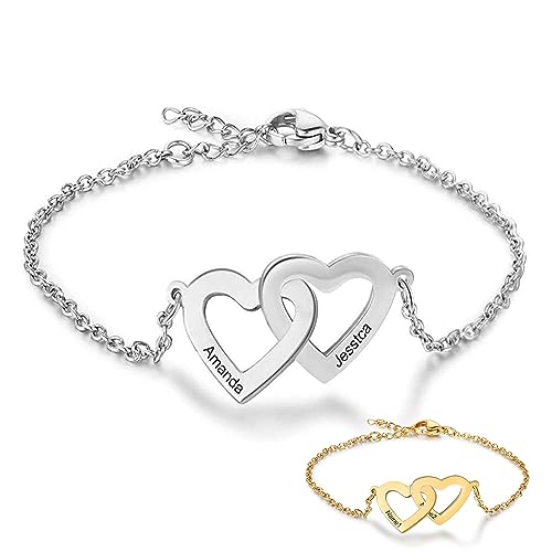 Personnalisé argent Charme Bracelets pour Femme Les filles L'amour Infini Double Cœur Ajustable Chaîne 21 30 Anniversaire Les mères journée Cadeaux Gravé...