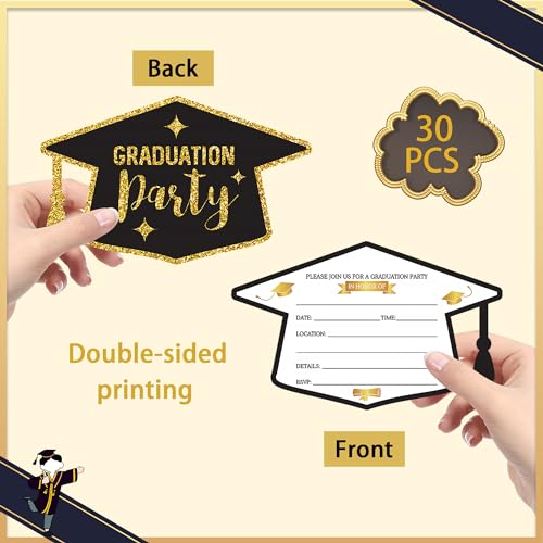wonmon 30 Set Graduation Party Invitations with Envelopes & Stickers, Black Gold Graduation Hat Shape Congrats Grad Party Invite Cards for College High School Grad Celebration Party Supplies