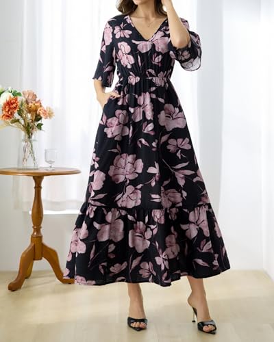 Image of Women's Summer Short Sleeve Maxi Floral Flowy Dresses with Pockets