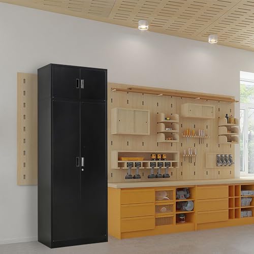 Image of Metal Storage Cabinet, 87 Inch Tall Locking Cabinet with Top Cabinet, Heavy Duty Garage Cabinet with Doors and 4 Adjustable Shelves, Pantry Cabinets for Office, Garage, Home-Black