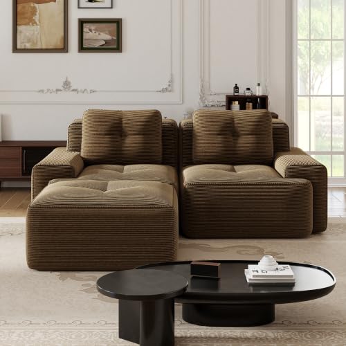 Image of 82 inch L Shaped Modular Boneless Couch with Movable Ottoman, 2 Seat, Soft Corduroy Fabric, Deep Seat Cloud sectional Sofa with Pearl Like Piping and Tufted Design, No Assembly, Anti Slip, Brown