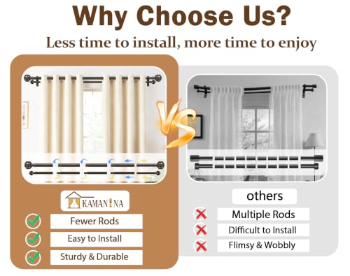 Image of KAMANINA 1 Inch Double Curtain Rods 72 to 144 Inches (6-12 Feet) Telescoping Heavy Duty Drapery Rod for Windows 66 to 120, Netted Texture Finials, Antique Bronze, Fewer Rods, Easier Install